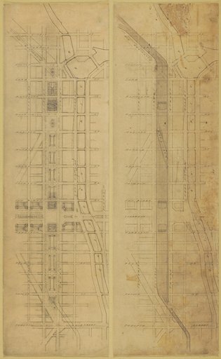 Plate 78 (2 Drawings) from The Plan of Chicago, 1909: Suggested Location and Arrangement of the Railway Passenger Stations West of the River. Subway Scheme: 1. Plan of Street Level. 2. Plan Below Street Level