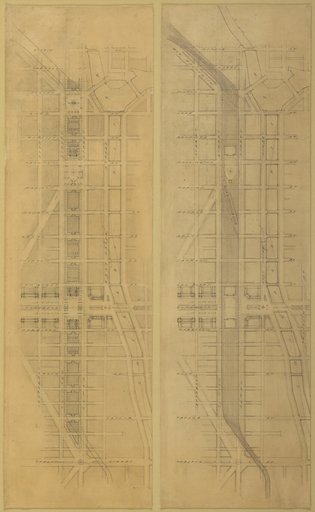Plate 79 (2 Drawings) from The Plan of Chicago, 1909: Suggested Location and Arrangement of the Railway Passenger Stations West of the River. Overhead Scheme: 1. Plan at Street Level. 2. Plan Above Street Level