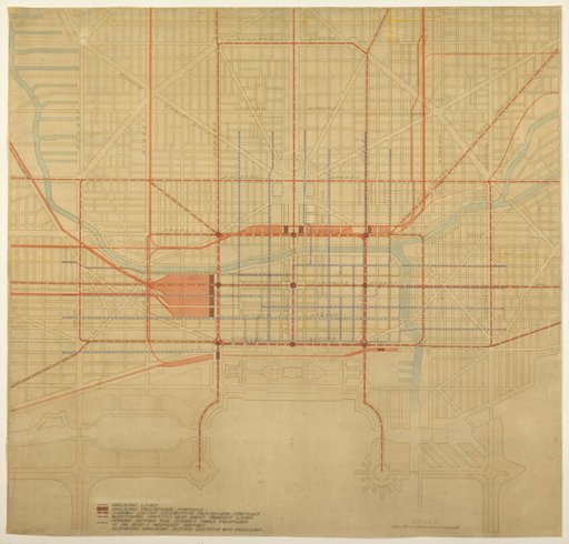 Plate 80 from The Plan of Chicago, 1909: Chicago. Diagram of City Center, Showing the Proposed Arrangement of Railroad Passenger Stations, the Complete Traction System, Including Rapid Transit, Subway, and Elevated Roads, and the Circuit Subway Line.