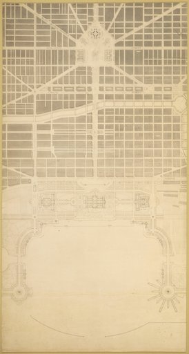 Plate 129 from The Plan of Chicago, 1909: Chicago. The Business Center of the City, Within the First Circuit Boulevard, Showing the Proposed Grand East-and-West Axis and Its Relation to Grant Park and the Yacht Harbor; the Railway Terminals Schemes on the South and West Sides, and the Civic Center
