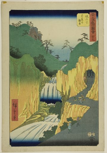 Sakanoshita: Kannon in the Cave (Sakanoshita, Gankutsu no Kannon), no. 49 from the series "Famous Sights of the Fifty-three Stations (Gojusan tsugi meisho zue)," also known as the Vertical Tokaido