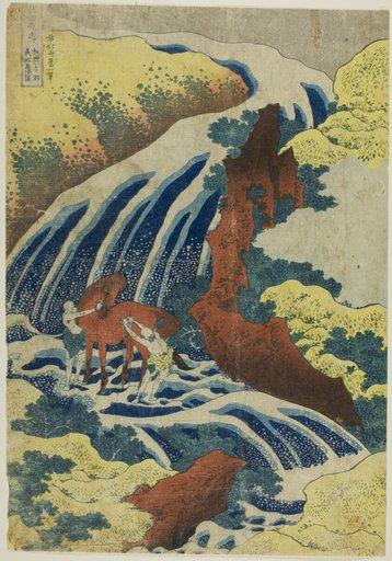 Yoshitsune's Horse-washing Falls at Yoshino in Yamato Province (Washu Yoshino Yoshitsune uma arai no taki) from the series "A Tour of Waterfalls in Various Provinces (Shokoku taki meguri)"