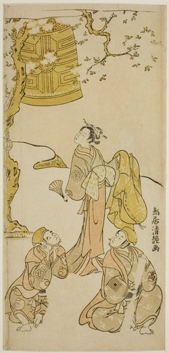 The Actors Segawa Kikunojo II, Ichikawa Komazo II, and Arashi Otohachi I in the play "Fude Hajime Soga no Tamazusa," performed at the Nakamura Theater in the first month, 1768