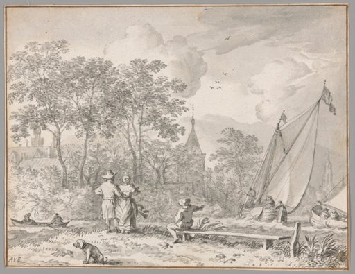 Landscape with Elegant Figures by a River, with Boats to the Right and a Town Behind Trees Beyond