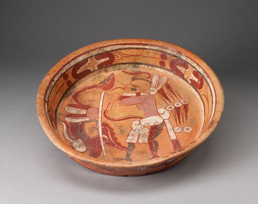 Polychrome Plate Depicting a Standing Figure with Ornate Speach-Scroll