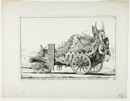 Char tiré par quatre chevaux de front, Sur lequel étaient les Sultanes et les Eunuques, plate 30 from Caravanne du Sultan à la Mecque