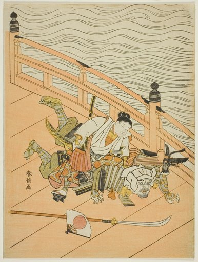 Ushiwakamaru and Benkei fighting on Gojo Bridge