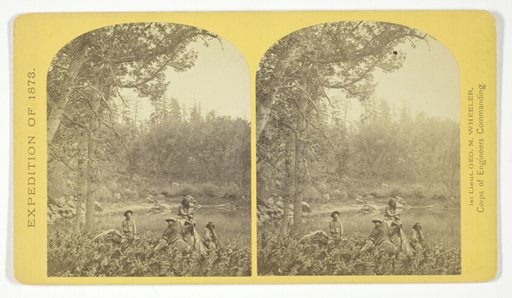 Coyotero Apache Scouts, at Apache Lake, Sierra Blanca Mountains, Arizona. Two members of the Expedition in the back-ground, No. 31 from the series "Geographical Explorations and Surveys West of the 100th Meridian"