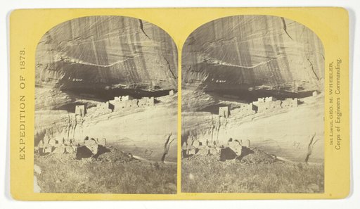 Ruins in Cañon de Chelle, N. M., in a cavity in the wall, 60 feet above present bed of Cañon. Height of walls about 700 feet. The present race of Indians know nothing of the age of these buildings of who occupied them, No. 21 from the series "Geographical Explorations and Surveys West of the 100th Meridian"