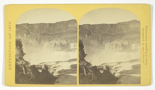 Shoshone Falls, Snake River, Idaho, Main Fall, 210 feet from upper to lower level, width of fall, 800 feet from upper to lower level; Height of Cañon wall at the falls, 1.000 feet. A number of minor falls, Islands, and boulder rocks above the main fall add beauty to the lonely majesty of this scene, No. 48 from the series "Geographical Explorations and Surveys West of the 100th Meridian"