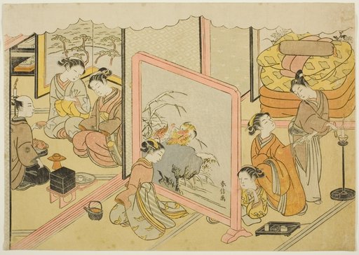 A Cup of Sake before Bed (Toko sakazuki), the sixth sheet of the series "Marriage in Brocade Prints, the Carriage of the Virtuous Woman (Konrei nishiki misao-guruma)"