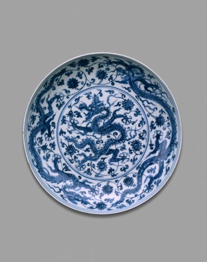 Dish with Dragons Writhing amid Floral Scrolls