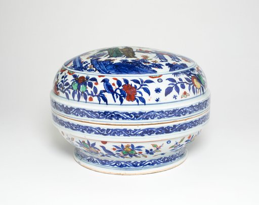 Covered Box with Scholars in a Garden Encricled by Birds, Fruits, and Flowers