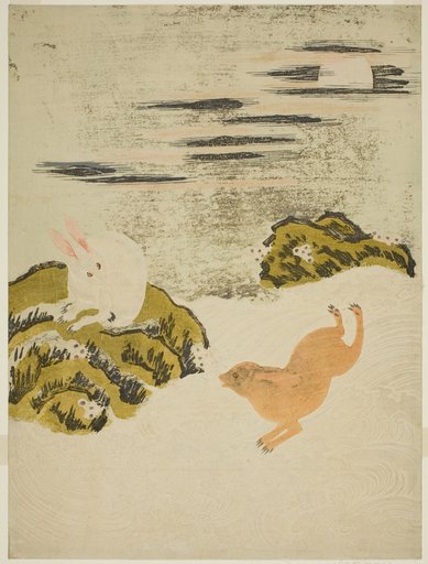 Hares Playing in Surf on a Moonlit Night