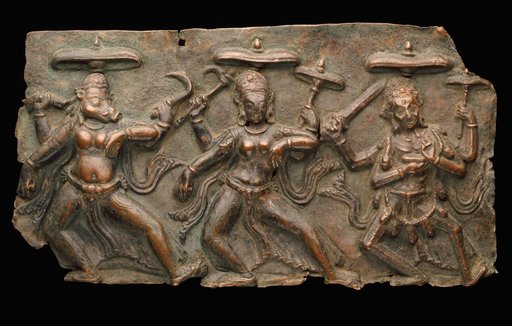 Fragment of a Plaque with Dancing Mother Goddesses Varahi, Kaumari and Chamunda