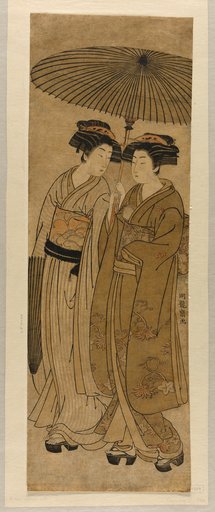 Two Young Women Walking Under an Umbrella