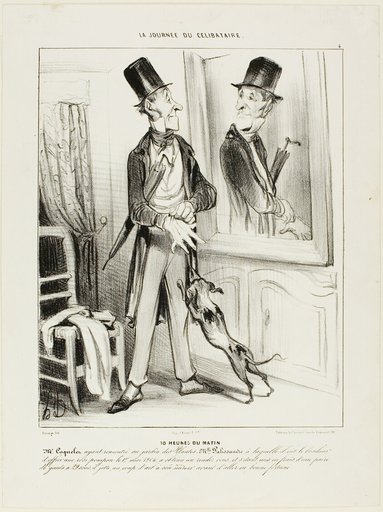 10 O'clock in the Morning. “Monsieur Coquelet having accidentally met Miss Palissandre in the Botanical Garden, to whom he had the good fortune to offer a fairy rose the first of May 1804, had obtained a first date. After having gone to great expense buying a new pair of gloves at 29 Sous, he throws a glance at the mirror before going out to try his good fortune,” plate 4 from La Journé Du Célibataire