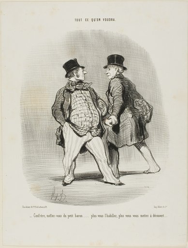 “- Beware my friend of the little baron... the more you dress him the less secured you will be,” plate 49 from Tout Ce Qu'on Voudra