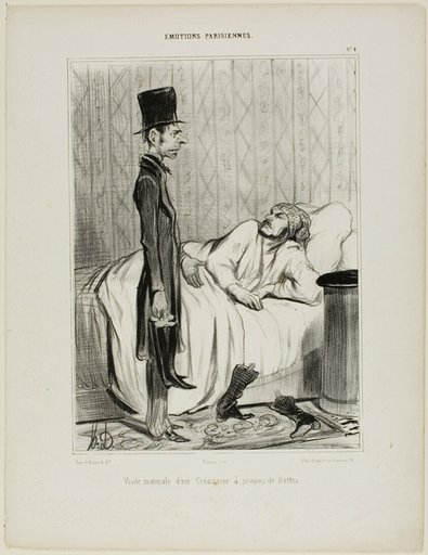 Early morning visit of a creditor concerning the boots, plate 4 from Émotions Parisiennes