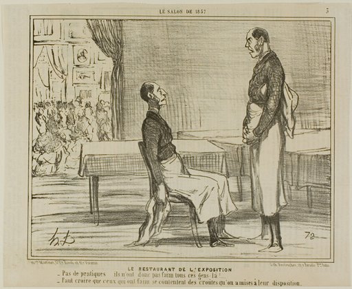 The Restaurant at the Exhibition. “- No clients at all… aren't these people hungry? - I guess that the hungry ones are eating the snacks they were offered,” plate 3 from Le Salon De 1857