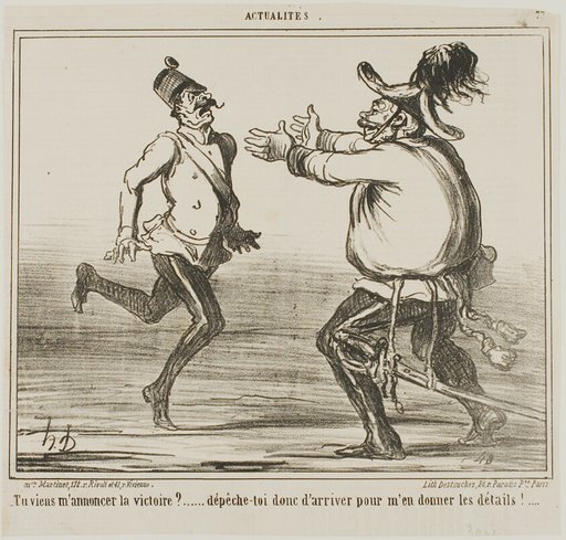 “- Are you coming to announce victory?... hurry up and give me the details!....,” plate 77 from Actualités