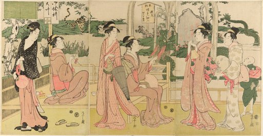 Women viewing dragon and tiger made of tobacco pouches