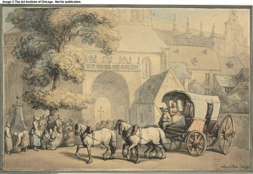 Postcart Monks and Women Near Church Door