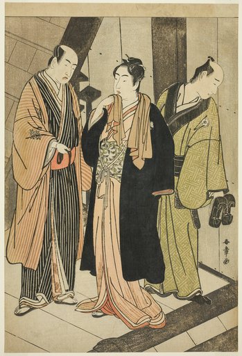 Actors Ichikawa Monnosuke II, Iwai Hanshirô IV, and (possibly) Iwai Karumo on a Landing Backstage