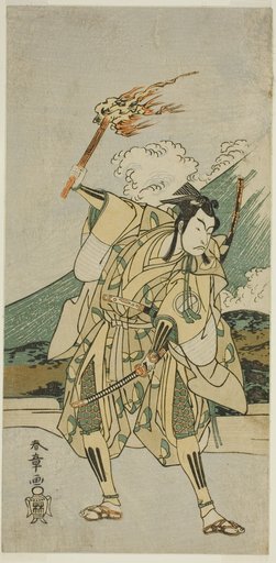 The Actor Ichikawa Monnosuke II as Soga no Goro Tokimune in the Play Haru wa Soga Akebono-zoshi (?), Performed at the Nakamura Theater (?) in the First Month, 1772 (?)