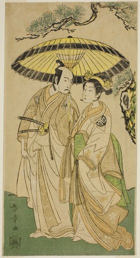 The Actors Arashi Hinaji I (right), and Ichikawa Komazo II (left), as Princess Sakura (Sakura Hime) (?) and Shimizu Tonoinosuke (?), in the Play Soga Moyo Aigo no Wakamatsu (?), Performed at the Nakamura Theater (?) in the Third Month, 1769 (?)