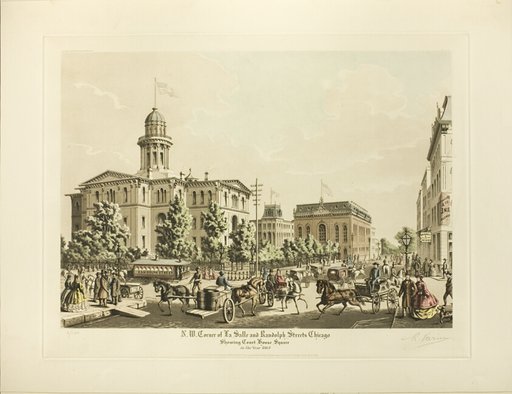 N. W. Corner of LaSalle and Randolph, Chicago, Showing Court House Square in the Year 1864