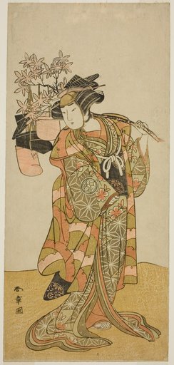 The Actor Yamashita Kinsaku II as Odai, an Eboshi (Hat) Seller, in the Play Hana-zumo Genji Hiiki, Performed at the Nakamura Theater in the Eleventh Month, 1775