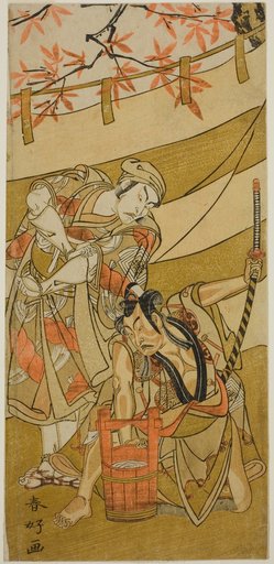 The Actors Ichikawa Raizo II as Kojiro Masahira (right) and Ichikawa Danzo IV as Doi no Yataro (left), in the Play Kaomise Ama no Iwato, Performed at the Nakamura Theater in the Eleventh Month, 1774