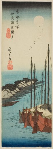 Misty Moonlight on the Shore at Tsukuda Island (Tsukudajima kaihen oborozuki), from the series "Famous Places in the Eastern Capital (Toto meisho)"
