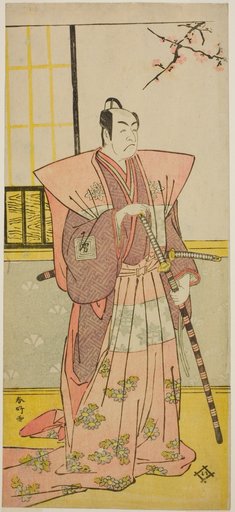 The Actor Ichikawa Omezo I as Koyurugi Motomenosuke (?) in the Play Haru no Nishiki Date-zome Soga (?), Performed at the Nakamura Theater (?) in the First Month, 1790 (?)