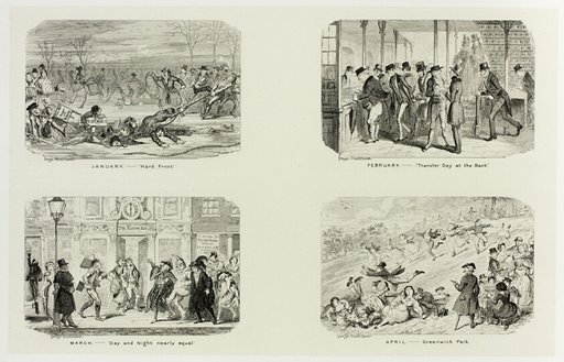 January – "Hard Frost" from George Cruikshank's Steel Etchings to The Comic Almanacks: 1835-1853 (top left)