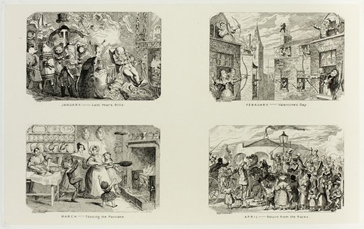 January – Last Year's Bills from George Cruikshank's Steel Etchings to The Comic Almanacks: 1835-1853 (top left)