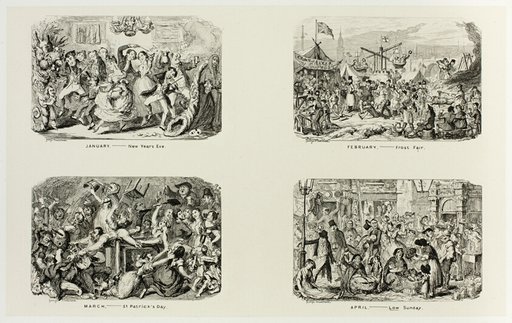 January – New Year's Eve from George Cruikshank's Steel Etchings to The Comic Almanacks: 1835-1853 (top left)
