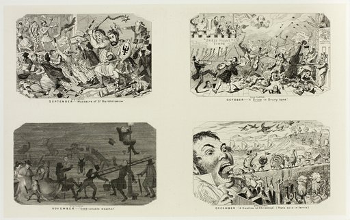 September - "Massacre of St. Bartholomew" from George Cruikshank's Steel Etchings to The Comic Almanacks: 1835-1853 (top left)