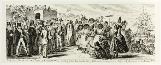 Probable Effects of Over Female Emigration, or Importing the Fair Sex from the Savage Islands in Consequence of Exporting All Our Own to Australia!!!!! from George Cruikshank's Steel Etchings to The Comic Almanacks: 1835-1853