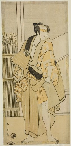 The Actor Ichikawa Monnosuke II as Hiranoya Tokubei (?) in the Play Waka Murasaki Edokko Soga (?), Performed at the Ichimura Theater (?) in the Third Month, 1792 (?)