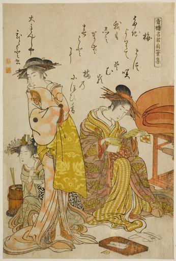 The Courtesan Hitomoto of the Daimonjiya, from the album "Comparing New Beauties of the Yoshiwara - A Mirror of Their Own Writings (Keisei shin bijin awase jikihitsu kagami)"