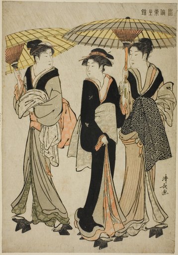 Under Umbrellas in a Shower, from the series "A Brocade of Eastern Manners (Fuzoku Azuma no nishiki)"