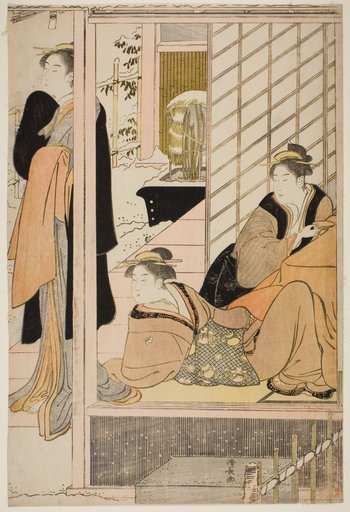 Women Viewing a Snowy Garden from a Parlor