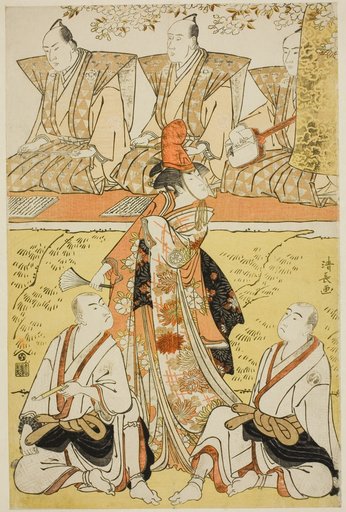 The Actors Segawa Kikunojo III as Koito, Sawamura Sojuro III as the monk Sainenbo, and Ichikawa Monnosuke II as the monk Renseibo, in the shosa "Mata Saku Hana Museume Dojoji," performed at the Nakamura Theater in the fourth month, 1783