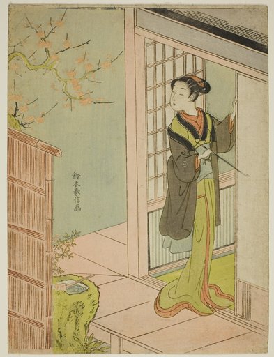Beauty Admiring a Bush Warbler Singing in a Plum Tree