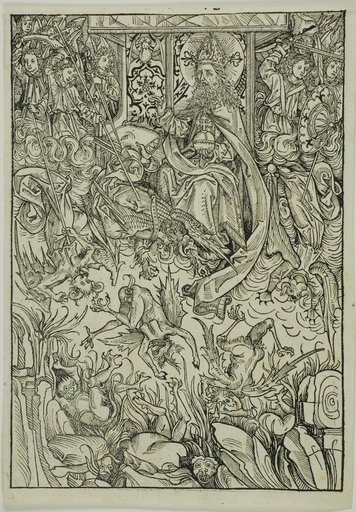 The Fall of Lucifer and the Rebel Angels (verso); The Gathering of the Angels (recto), pages three and two from the Treasury (Schatzbehalter)