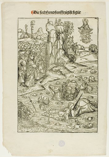 Pharoah and His Host Perishing in the Red Sea (verso); The Freeing of King Joachim of Jerusalem (recto), pages 56 and 55, from the Treasury (Schatzbehalter)