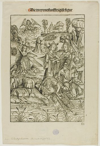 Moses Found by Pharaoh's Daughter (recto) and Judas's Betrayal (verso), pages 53 and 54, from the Treasury (Schatzbehalter)