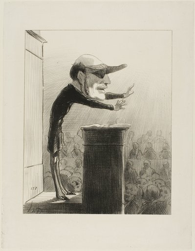 Jules de L (also known as Lasteyrie the Argand lamp). Former member of the opposition, now ennemy of the light... blinded by the sudden appearance of the sun of the Republic, Jules de Lasteyrie now wears the eye-shade of the Constitutionnel, plate 33 from Les Représentans Représentés